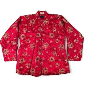 Vintage Chinese Red Satin Brocade Jacket Gold Floral Embroidery Lined Coat Est M